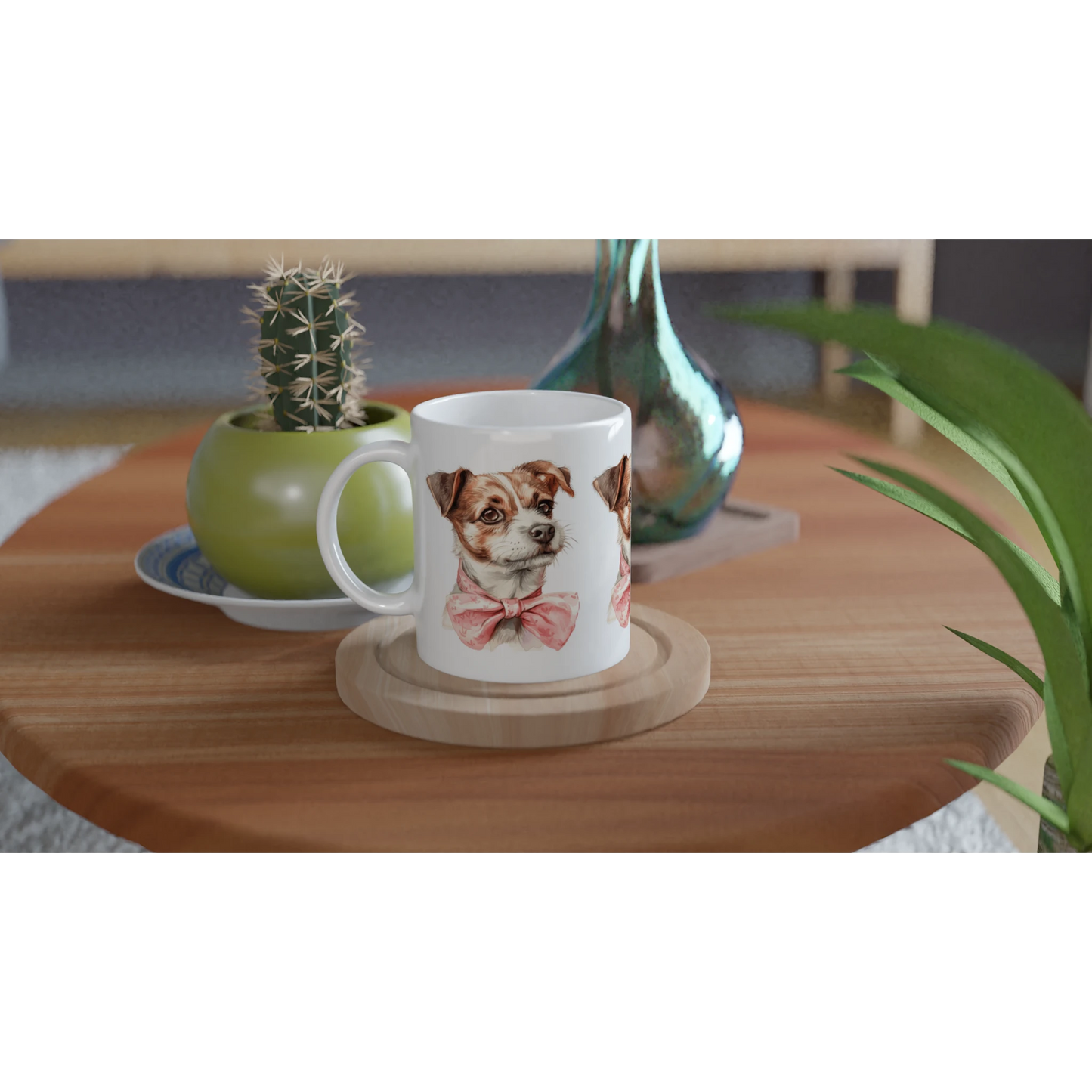 Cute dog mug gift for her: white ceramic mug with two puppies wearing pink bows.