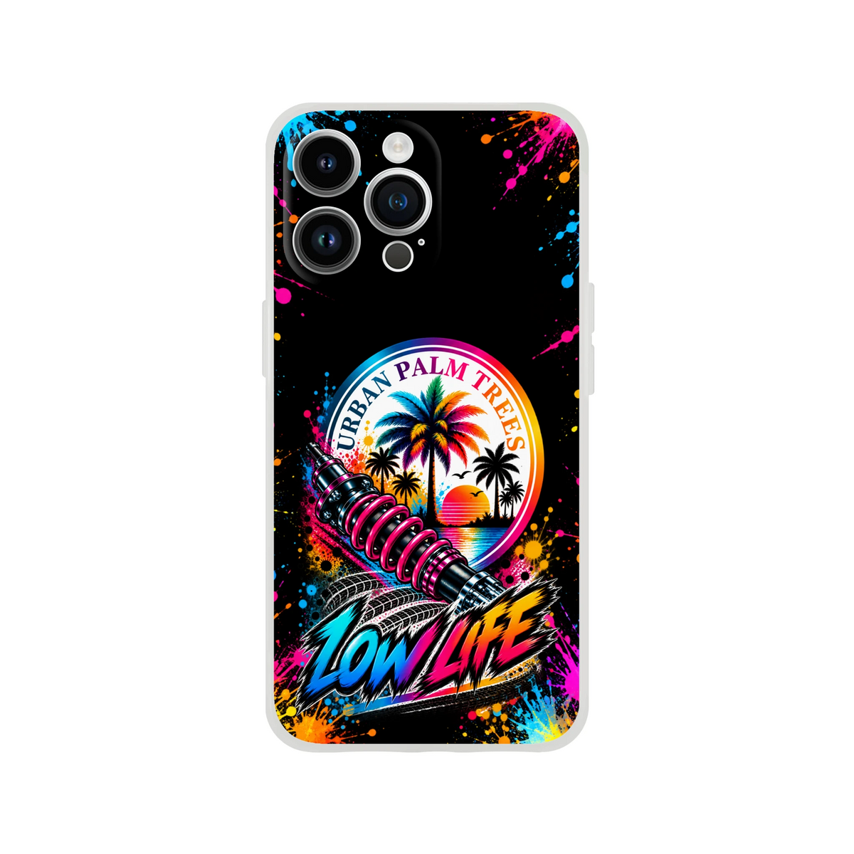 Low Life car culture iPhone case featuring Urban Palm Trees graphic, shock absorber, and vibrant neon paint splatter art on a black background.