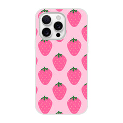 Pink strawberry-pattern iPhone case (models 13–16) with kawaii fruit aesthetic.