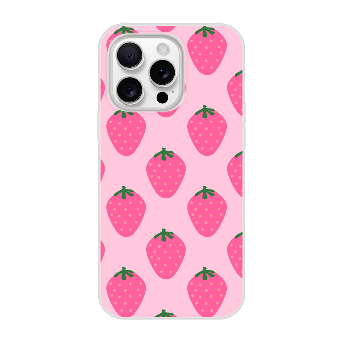 Pink strawberry-pattern iPhone case (models 13–16) with kawaii fruit aesthetic.