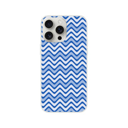 Blue wavy stripe retro geometric iPhone 13-16 case with frosted transparent back and shock-absorbing matte TPU protection.