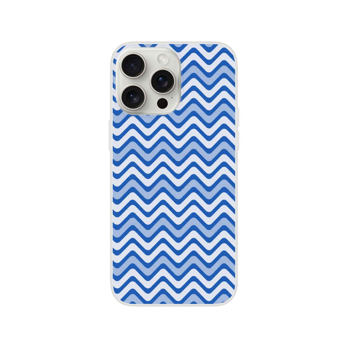 Blue wavy stripe retro geometric iPhone 13-16 case with frosted transparent back and shock-absorbing matte TPU protection.