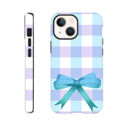Pastel blue gingham iPhone case with a 3D blue ribbon bow. Coquette tough phone cover for iPhone 13-16, blending vintage checks with modern streetwear style.