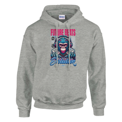 Grey Monkey DJ graphic hoodie with a colorful monkey, headphones, and Future Beats Evolution text; 50/50 cotton-poly.