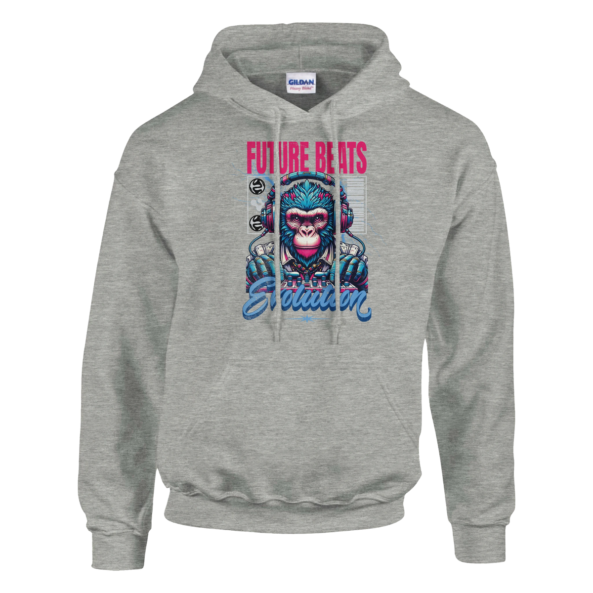 Grey Monkey DJ graphic hoodie with a colorful monkey, headphones, and Future Beats Evolution text; 50/50 cotton-poly.
