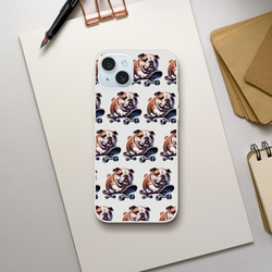 Transparent iPhone case with repeating bulldog-on-skateboard illustrations.