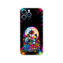 Turbo car culture iPhone case featuring a metallic turbocharger, colorful Urban Palm Trees logo, and vibrant neon splatter art on a black background.