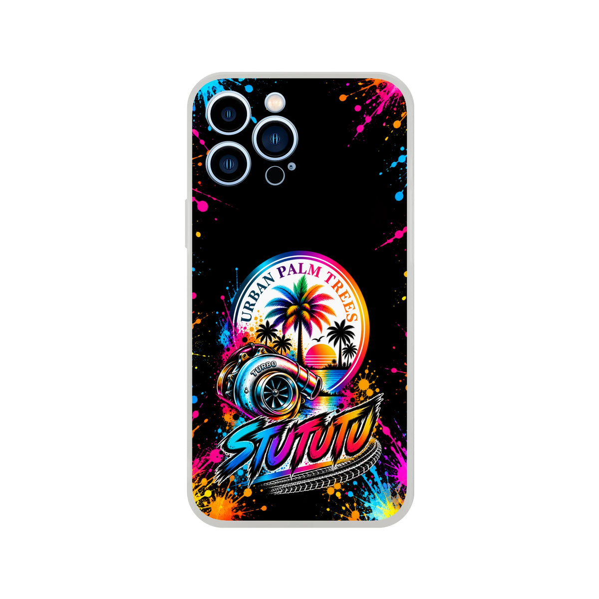 Turbo car culture iPhone case featuring a metallic turbocharger, colorful Urban Palm Trees logo, and vibrant neon splatter art on a black background.