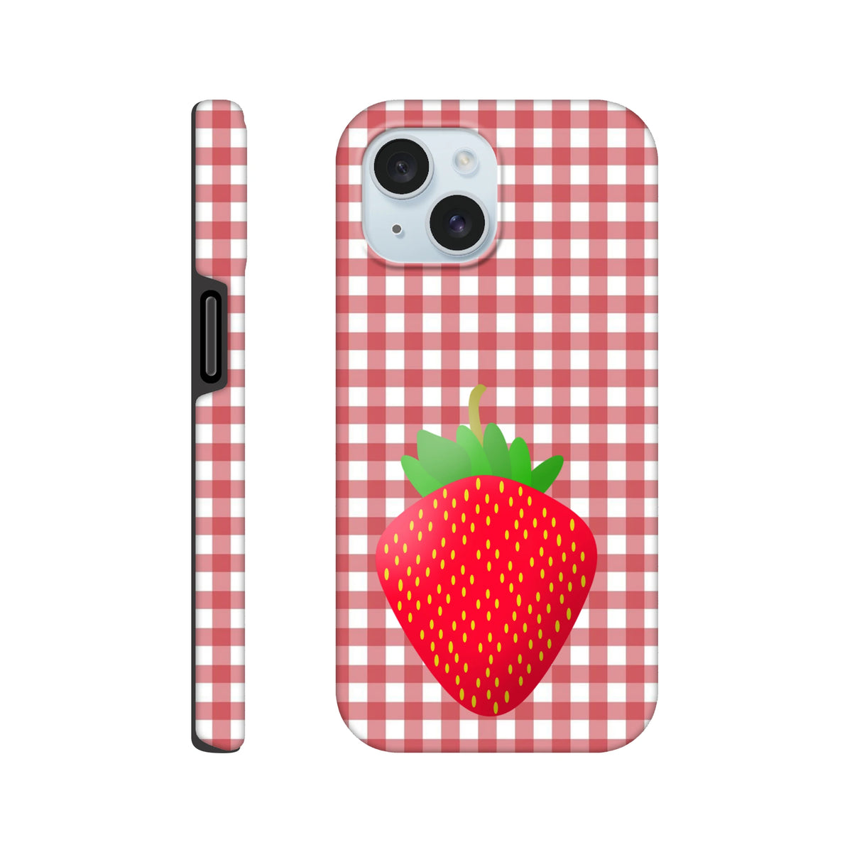 Cute red gingham iPhone case featuring a large central strawberry illustration. Durable checkered phone cover for drop protection.