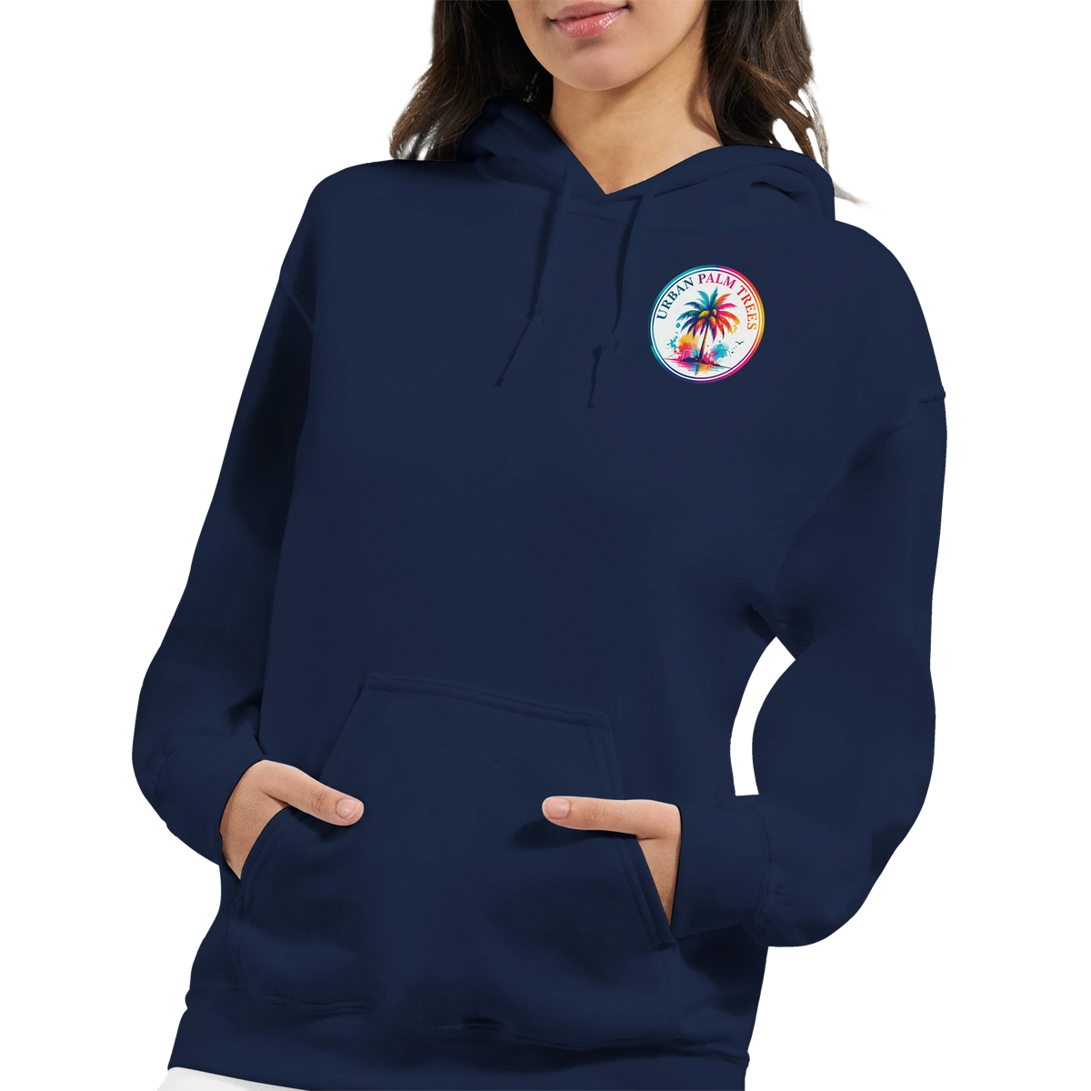 Navy blue hoodie featuring a colorful circular Urban Palm Trees logo on the chest, styled with a front pocket and white side stripe detail.