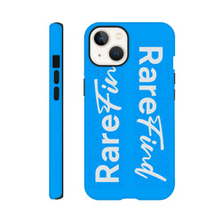 Rare Find blue tough iPhone case featuring bold white vertical slogans and speckled texture for streetwear style.