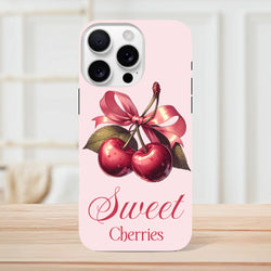 Vintage-style pink iPhone case featuring red cherries tied with a bow and Sweet Cherries script text.