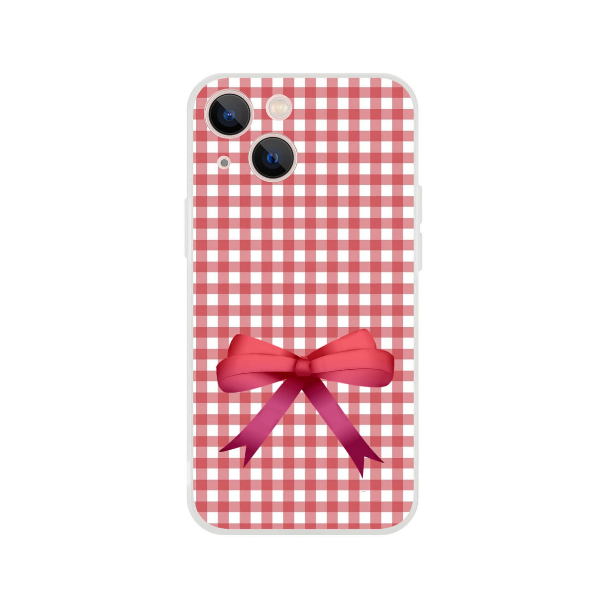 Red gingham bow iPhone case (13-16) with big pink bow at bottom, cute coquette aesthetic.