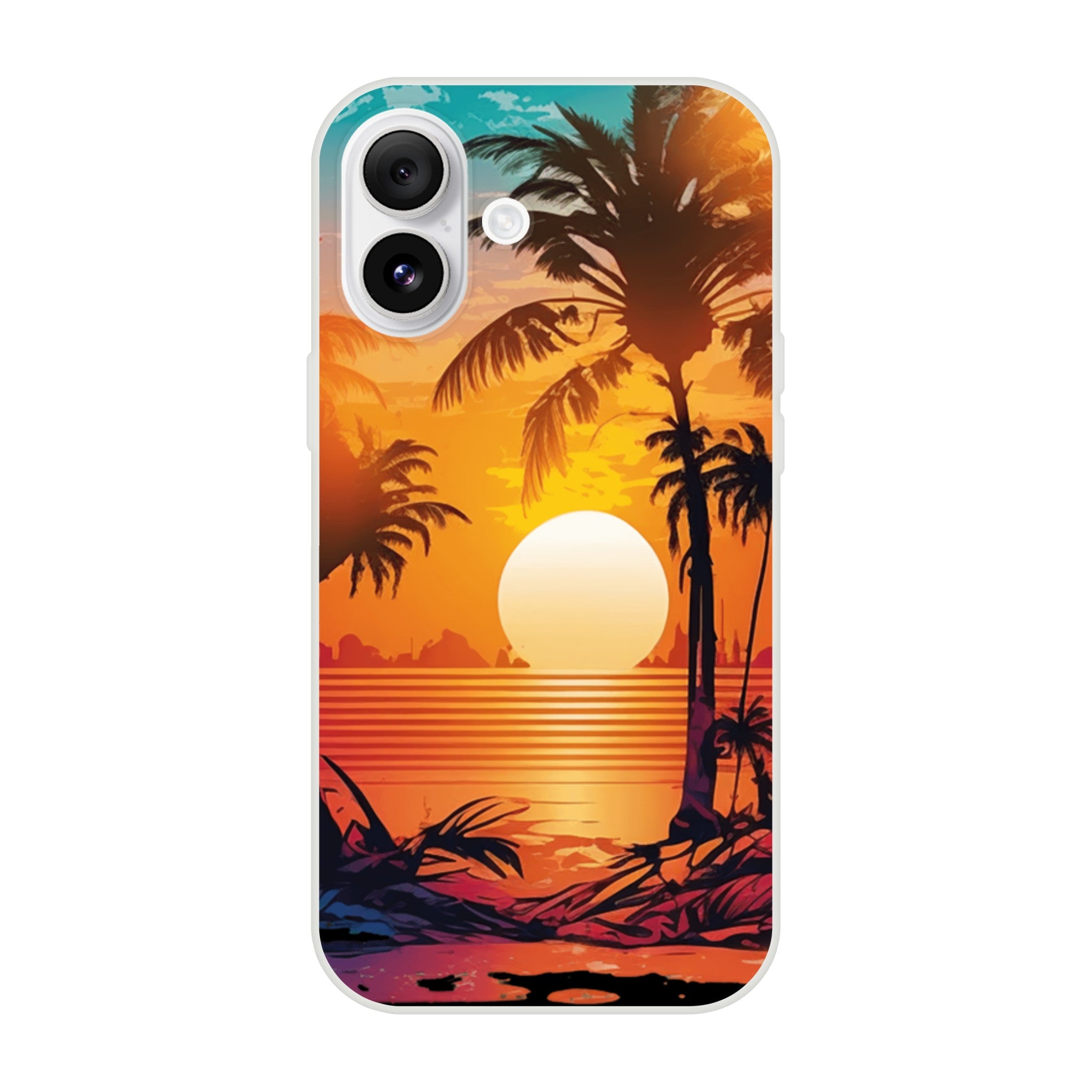 Tropical Sunset iPhone case with palm trees at sunset; slim protective cover for iPhone 16/15/14/13.