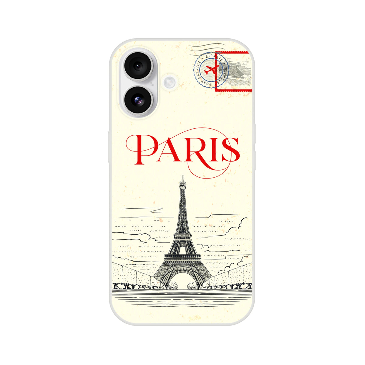Vintage Postcard iPhone Case (13-16) Paris Holiday Phone Cover featuring retro postcard art and the Eiffel Tower.