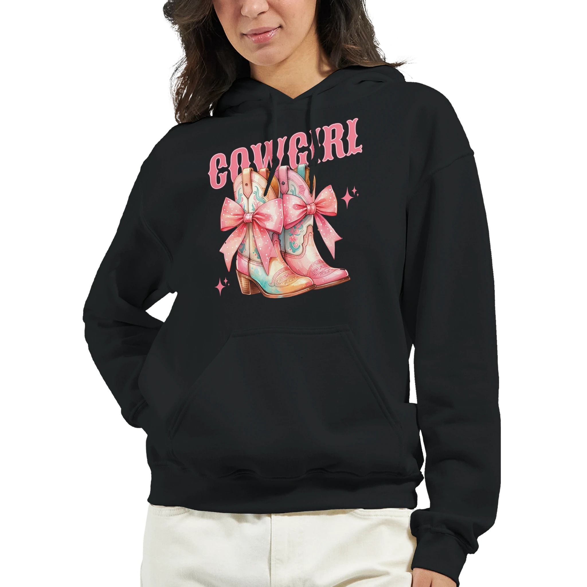 Black hoodie with pastel cowgirl boots graphic and 'COWGIRL' text, front pouch pocket, cosy 50/50 knit.