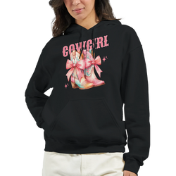 Black hoodie with pastel cowgirl boots graphic and 'COWGIRL' text, front pouch pocket, cosy 50/50 knit.