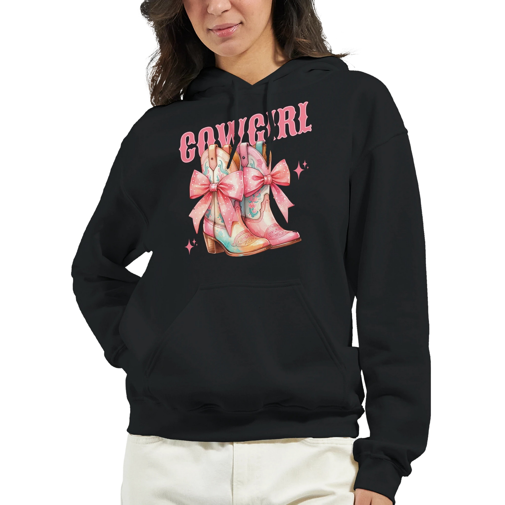Black hoodie with pastel cowgirl boots graphic and 'COWGIRL' text, front pouch pocket, cosy 50/50 knit.