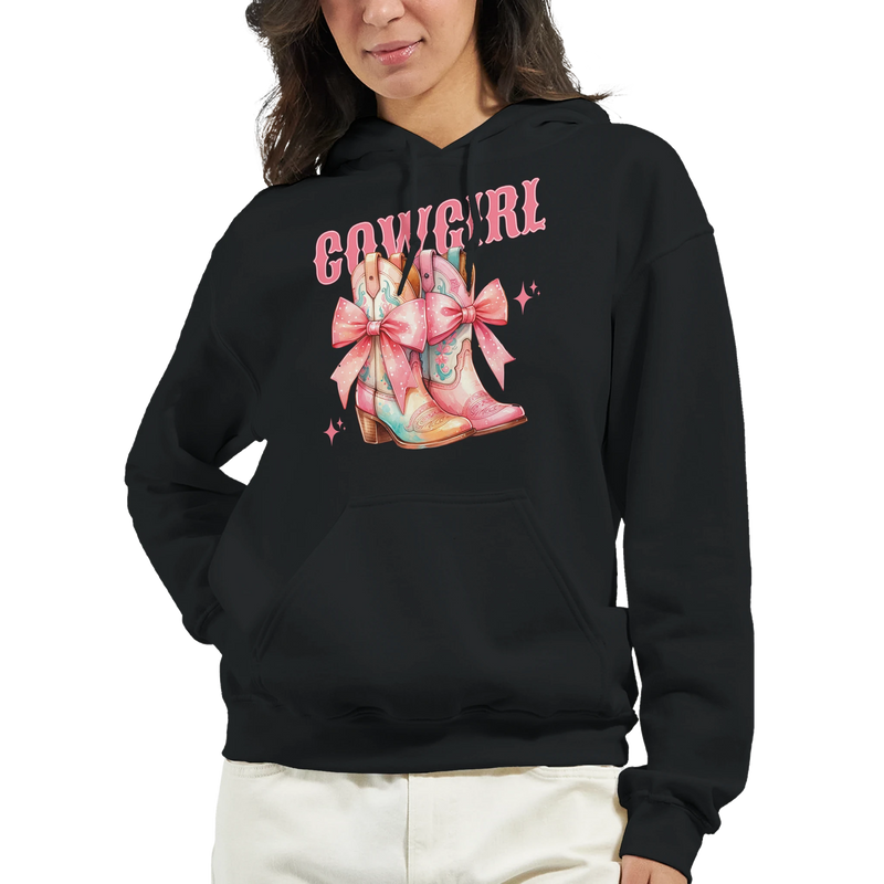Black hoodie with pastel cowgirl boots graphic and 'COWGIRL' text, front pouch pocket, cosy 50/50 knit.