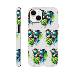 Repeating pattern of a cool dog with sunglasses and a green popsicle on a white tough iPhone case.
