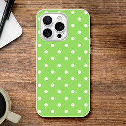 Retro green and white polka dot iPhone case with matte finish and shock-absorbing protection for iPhone 13-16 series.