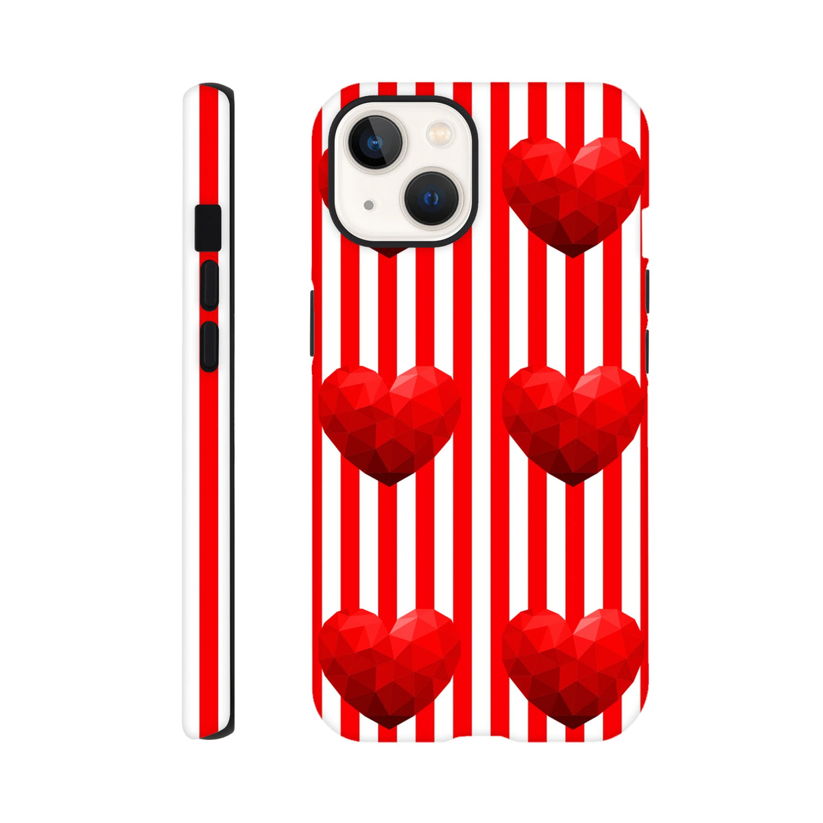 Red and white striped iPhone case featuring geometric red hearts. Tough retro love heart phone cover for reliable impact resistance.