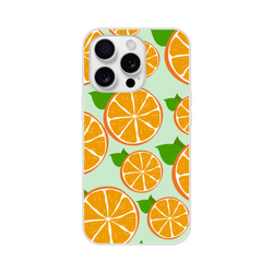 Cute orange fruit iPhone case with orange slice pattern on mint background, matte frosty finish