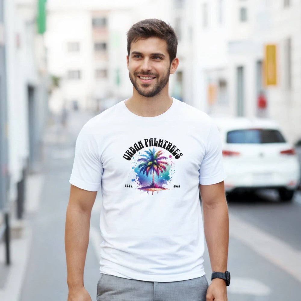 Man wearing white Urban Palm Trees T-Shirt, a soft cotton blend men’s graphic tee with a colorful palm tree design.