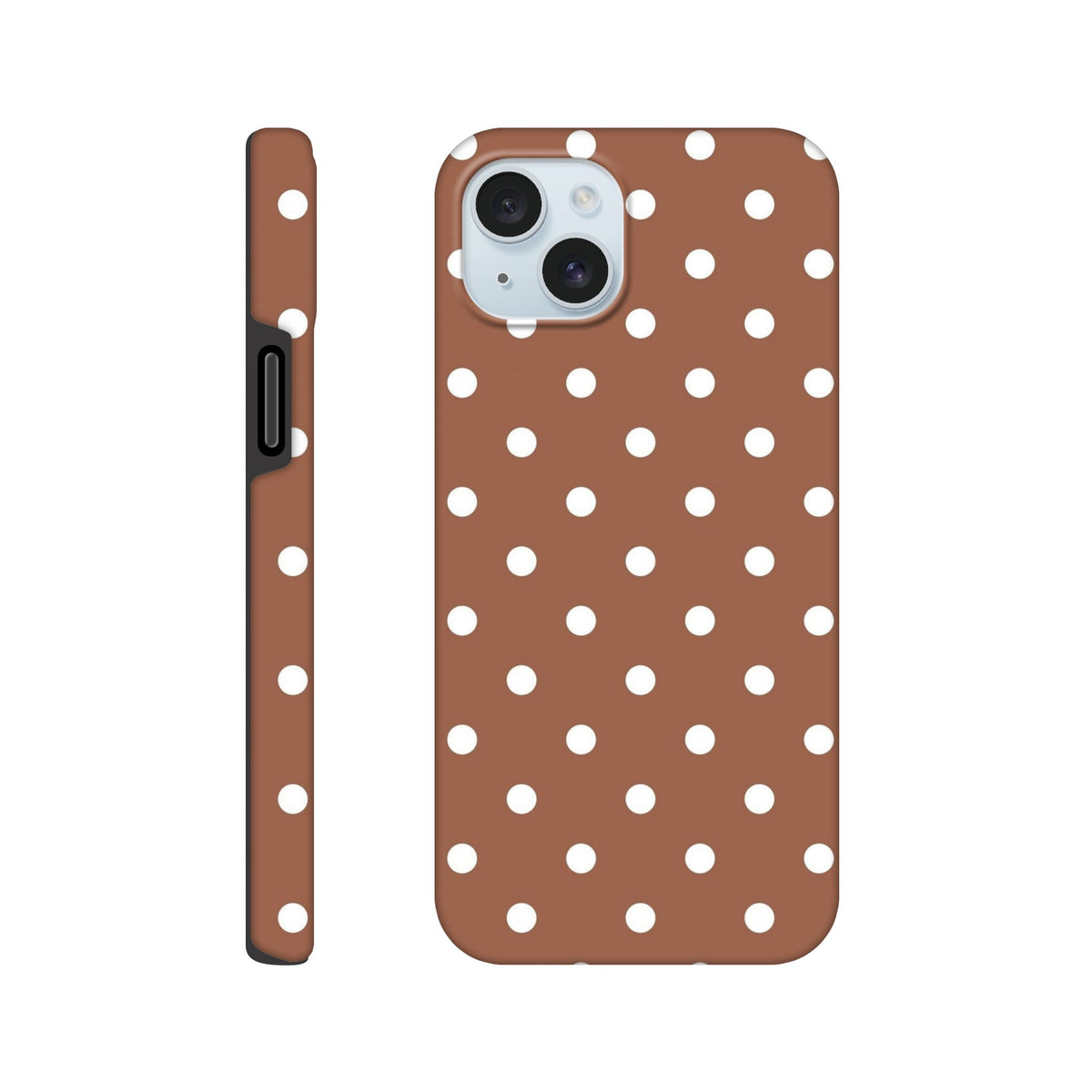 Brown and white polka dot tough iPhone case with retro style and shock-absorbing TPU protection for iPhone 13-16.