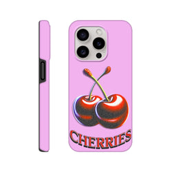 Pink tough iPhone case featuring retro Y2K red cherries and "CHERRIES" text for durable everyday protection.