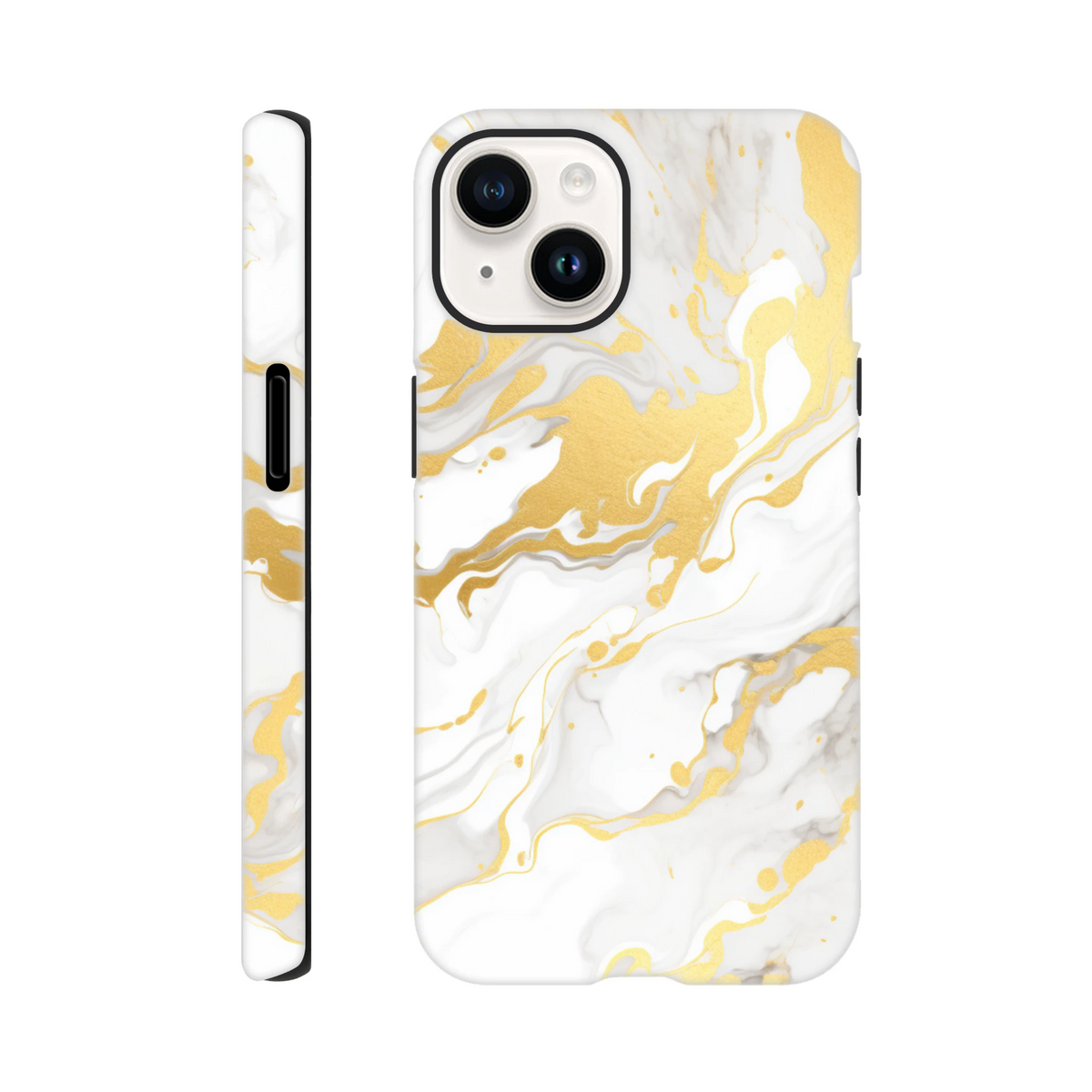 Luxury white and gold marble iPhone case featuring an abstract swirl pattern with seamless wraparound design for a sophisticated finish.
