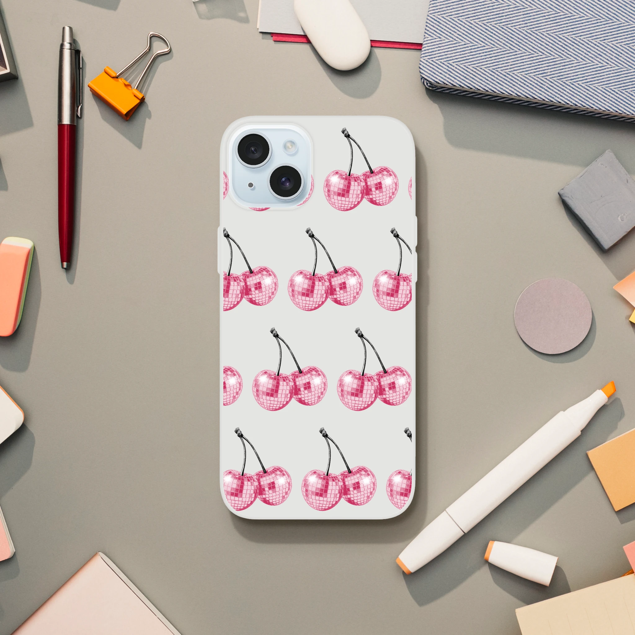 Glitter Ball Cherries slim protective phone case with pink disco-ball cherry pattern for iPhone 13–16.