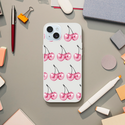 Glitter Ball Cherries slim protective phone case with pink disco-ball cherry pattern for iPhone 13–16.