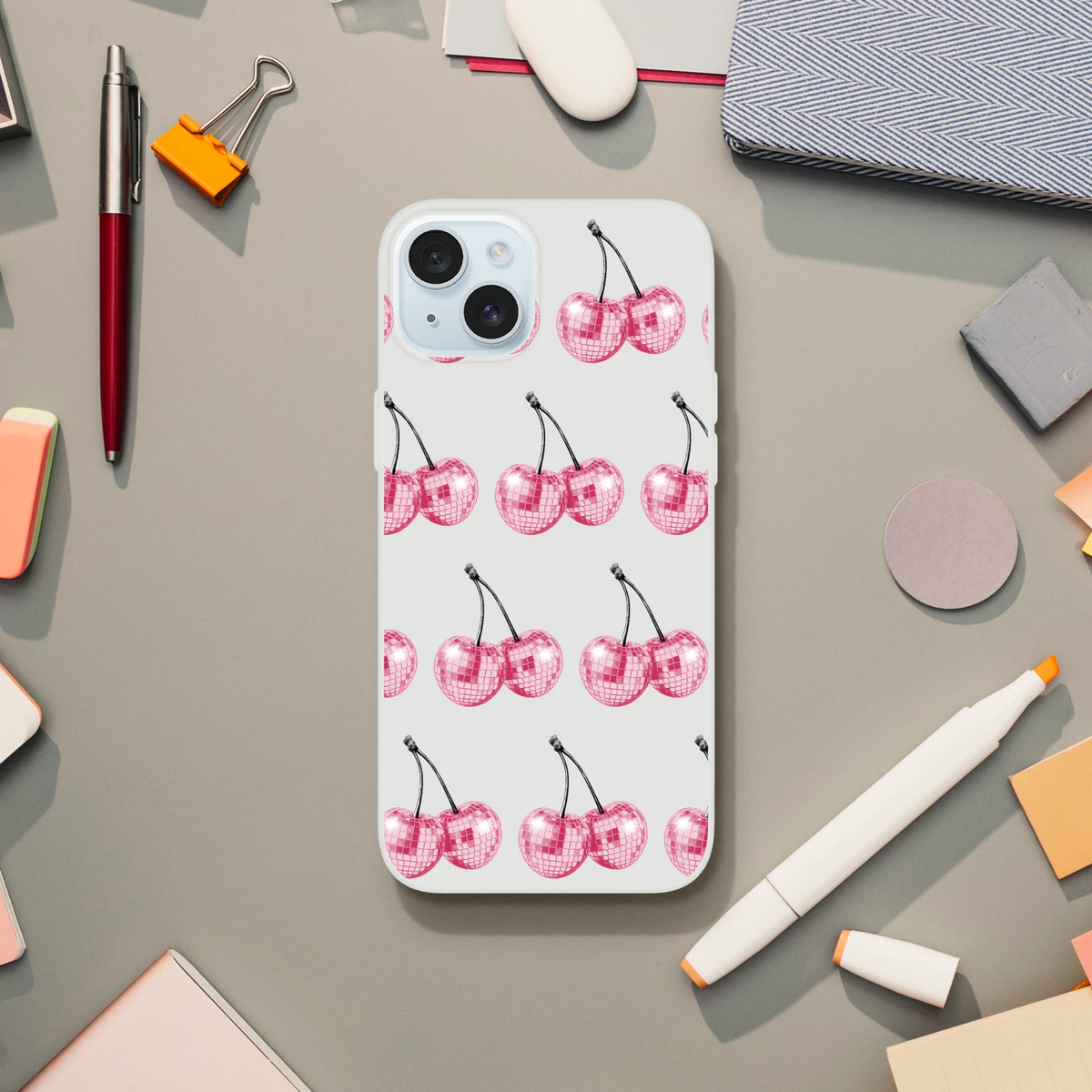 Glitter Ball Cherries slim protective phone case with pink disco-ball cherry pattern for iPhone 13–16.