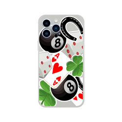 Transparent iPhone case featuring lucky charm graphics including 8-ball, ace of hearts, clover, and horseshoe for street style protection.