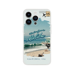 Vintage postcard Malibu Holiday iPhone case for iPhone 13–16 with palm trees and ocean scene.
