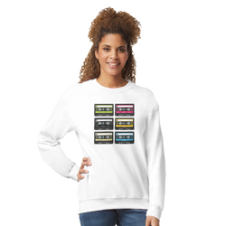 White Retro Cassette Tape Sweatshirt for Women featuring six colorful Vintage 90s Music graphic print on front.