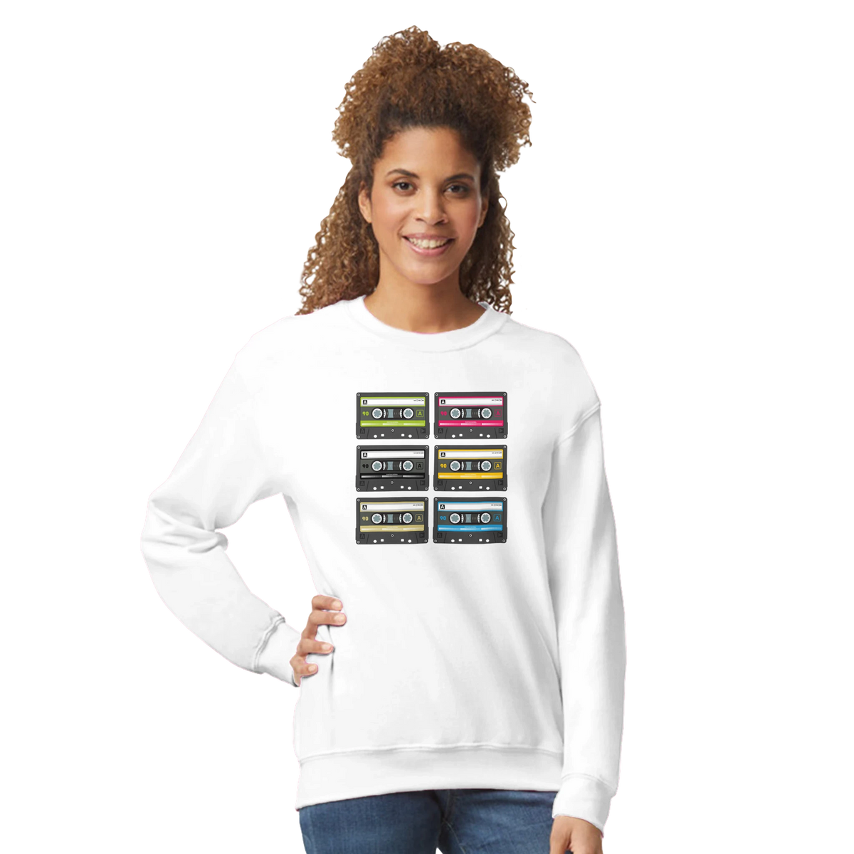 White Retro Cassette Tape Sweatshirt for Women featuring six colorful Vintage 90s Music graphic print on front.