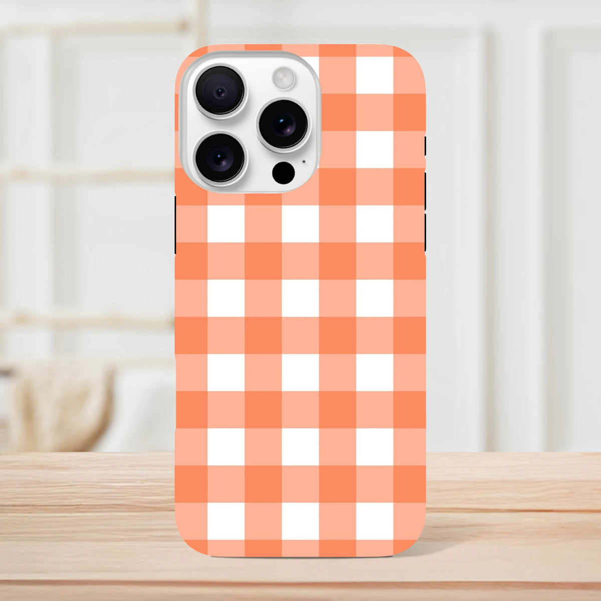 Orange gingham tough iPhone case with retro checkered pattern. Durable protective cover for iPhone 13-16 models.