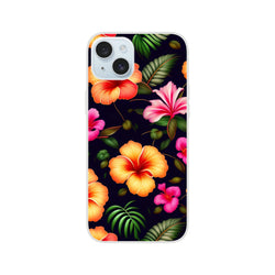 Tropical Hibiscus Floral iPhone Case for iPhone 13-16 with vibrant petals on dark background.
