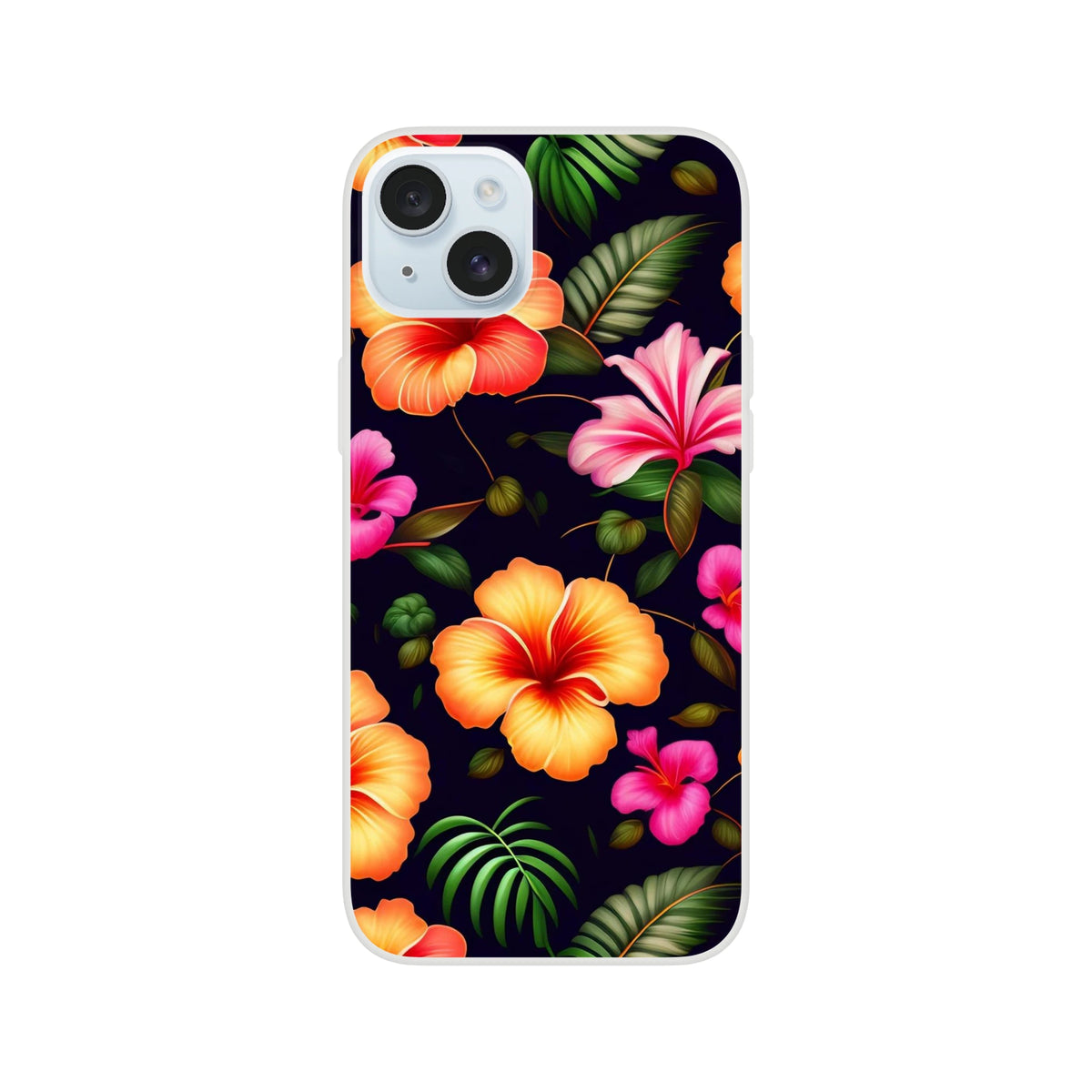 Tropical Hibiscus Floral iPhone Case for iPhone 13-16 with vibrant petals on dark background.