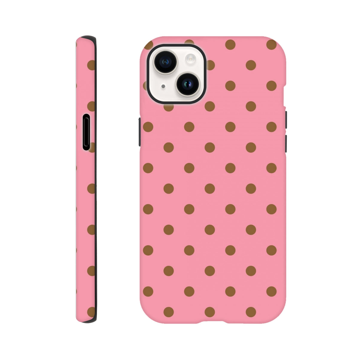 Pink and brown polka dot tough iPhone case with glossy finish and shock-absorbing TPU protection for daily use.