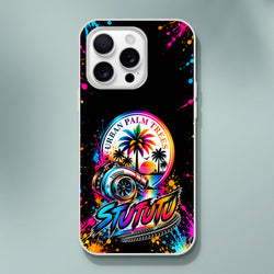 Vibrant turbo car culture iPhone case featuring colorful palm trees, a metallic turbocharger, "Urban Palm Trees" text, and electric paint splatters on black.