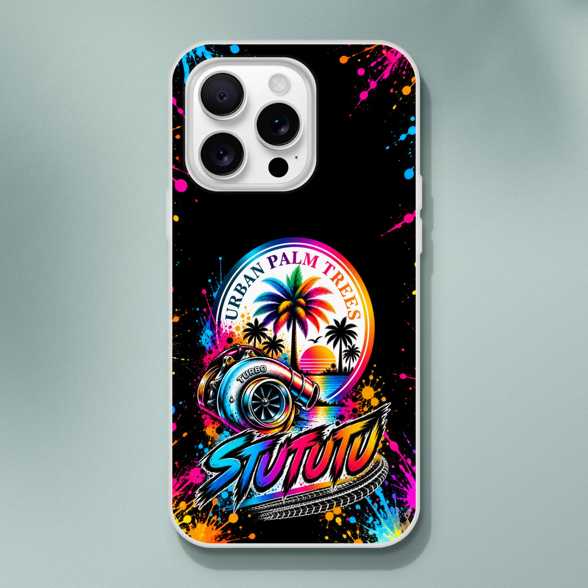 Vibrant turbo car culture iPhone case featuring colorful palm trees, a metallic turbocharger, "Urban Palm Trees" text, and electric paint splatters on black.