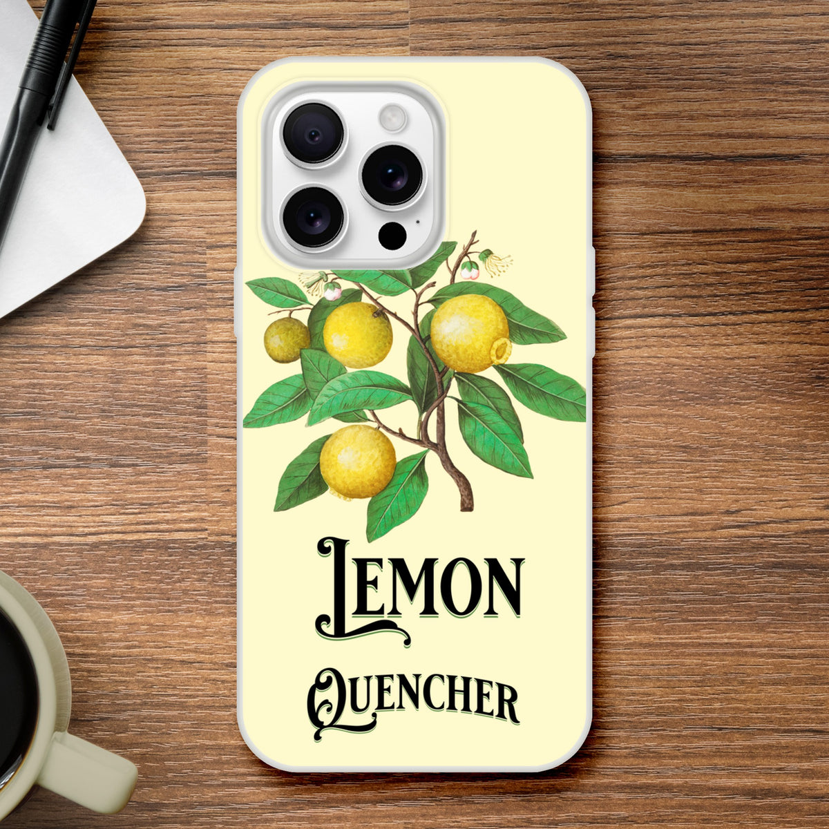 Lemon branch iPhone case, slim protective cover for iPhone 16/15/14/13 with 'Lemon Quencher' typography.