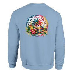 Light blue sweatshirt back featuring retro tropical print with palm trees, cocktails, and flowers for a holiday vibe.