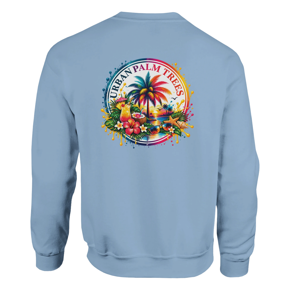 Light blue sweatshirt back featuring retro tropical print with palm trees, cocktails, and flowers for a holiday vibe.