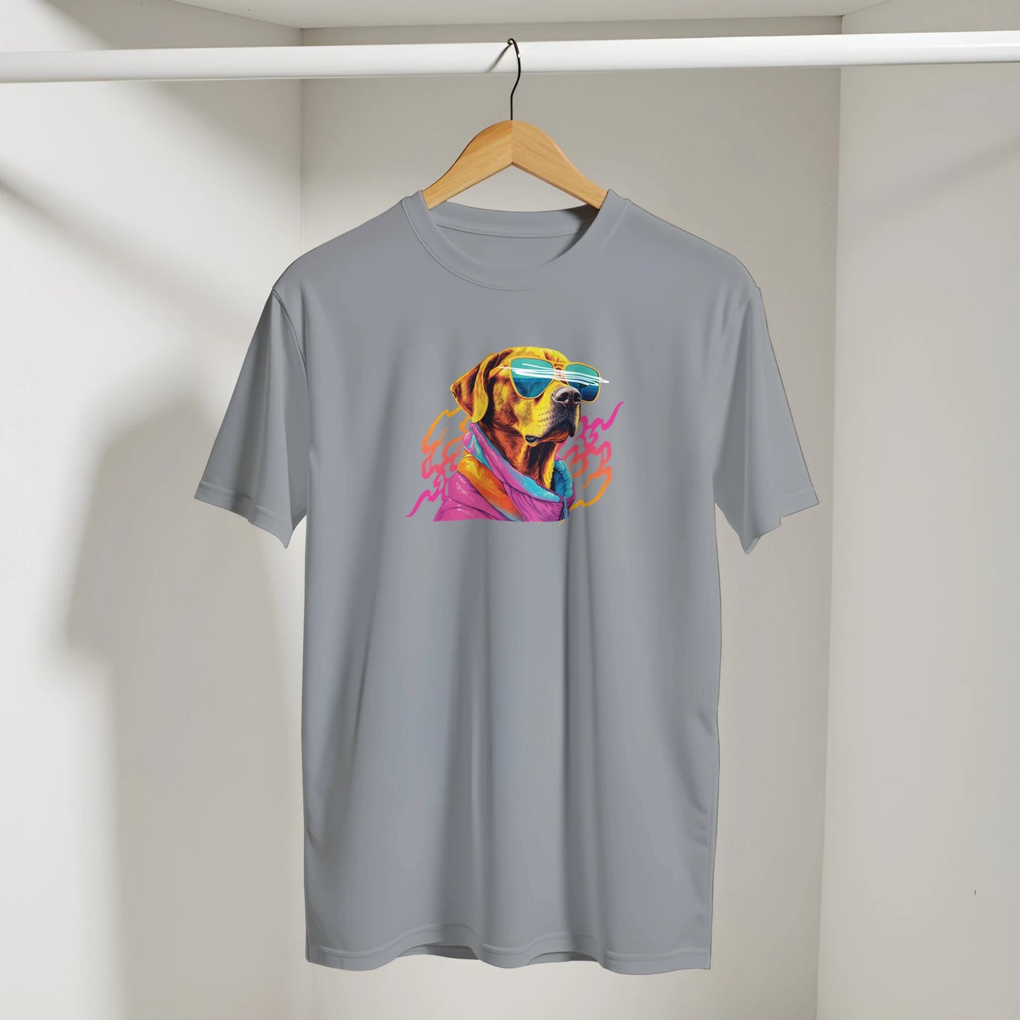 Gray Cool Dog T Shirt with a colorful dog wearing sunglasses on soft cotton blend fabric.