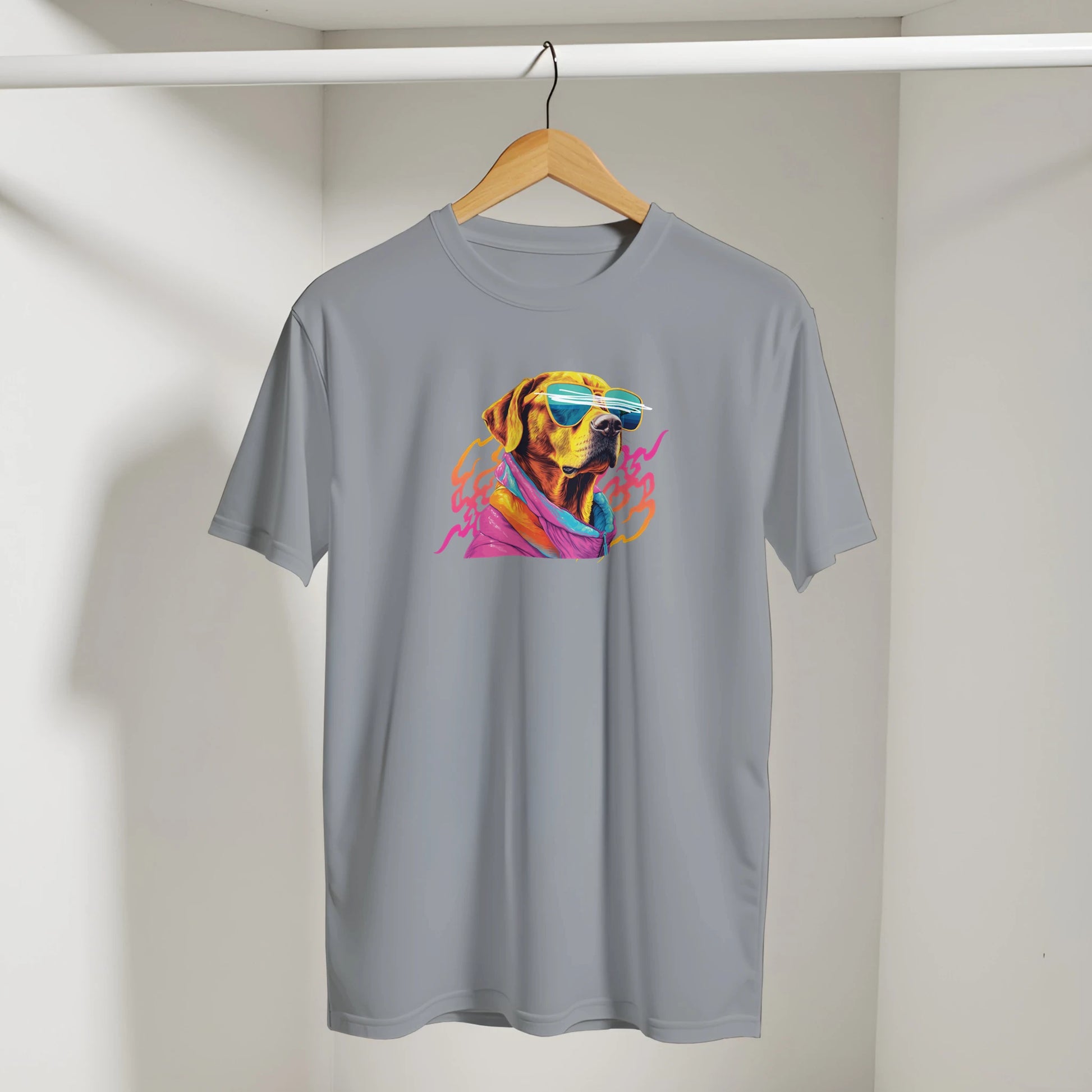 Gray Cool Dog T Shirt with a colorful dog wearing sunglasses on soft cotton blend fabric.