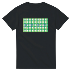 Black women's t-shirt featuring a green gingham panel with blue bows on the chest, Coquette-inspired tee.